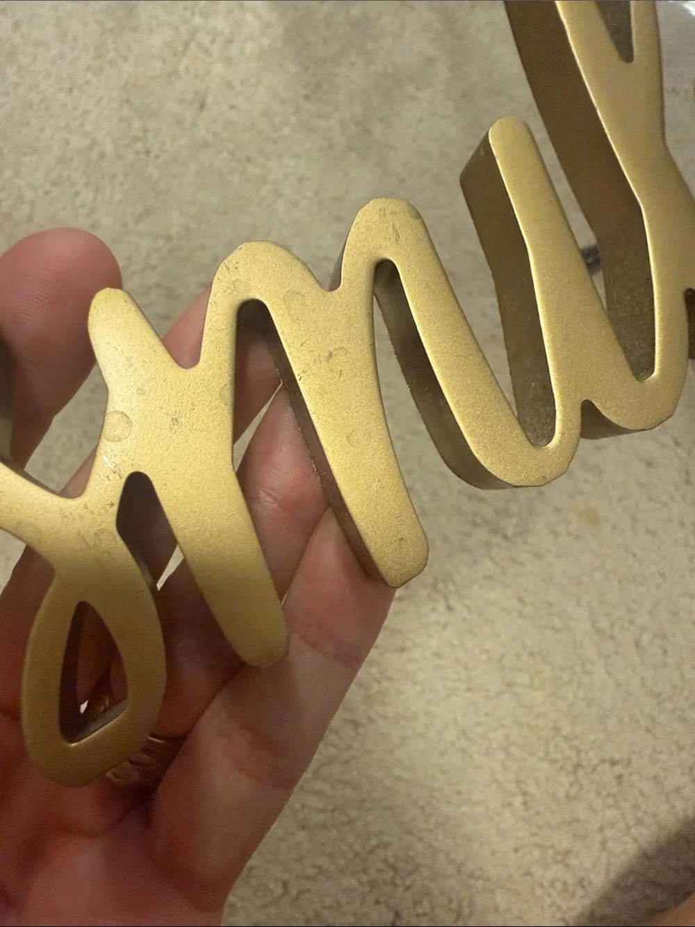 “Smile” Gold Tone Metal Decor Script Sign